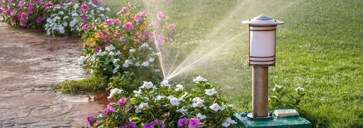 sprinkler spraying water over flowers and grass - Spade Landscaping Lawn Care Services Near Hugo MN