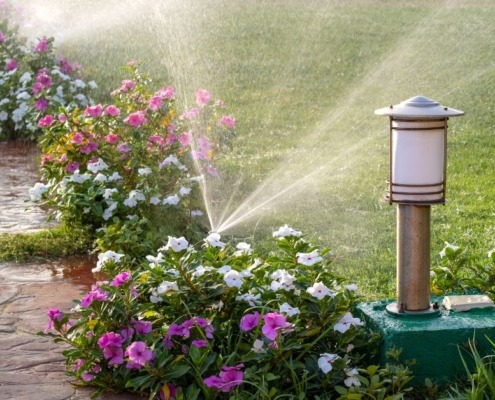 sprinkler spraying water over flowers and grass - Spade Landscaping Lawn Care Services Near Hugo MN