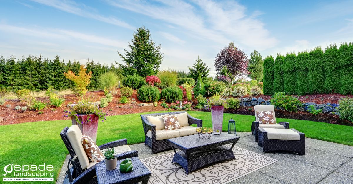 backyard with a patio and green grass - Spade Landscaping Lawn Care Services Near Hugo MN